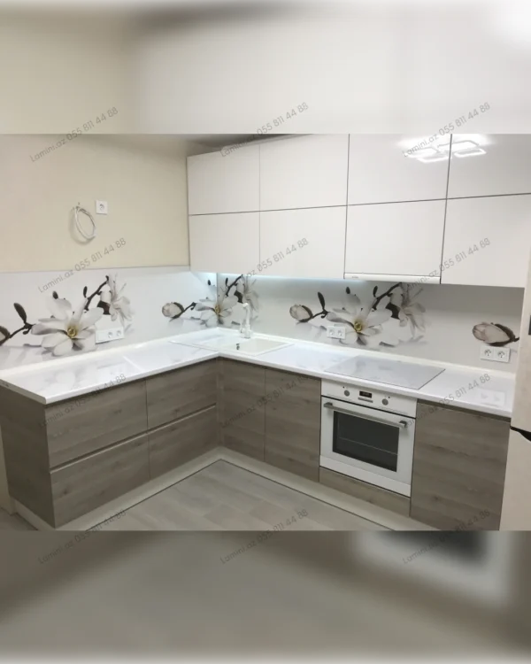 Modern kitchen with floral design.