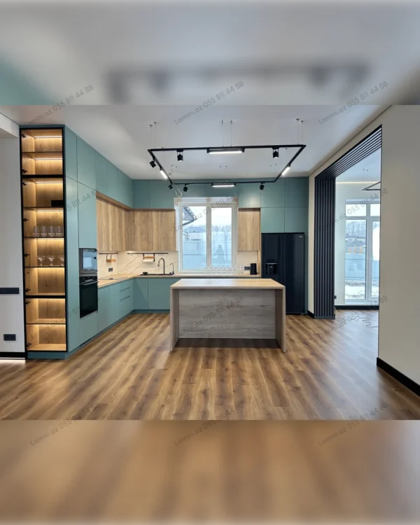 Modern kitchen with wooden accents.